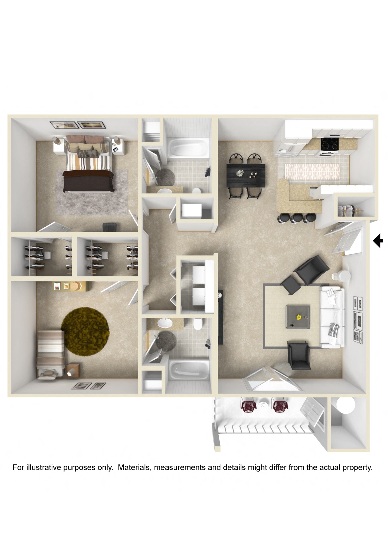 Floor plan for 2 beds, 2 baths, 1200 sqft